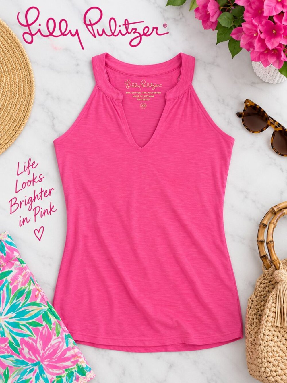 Lilly Pulitzer Hot Pink Split Neck Racerback Tank Top XS Cotton Blend